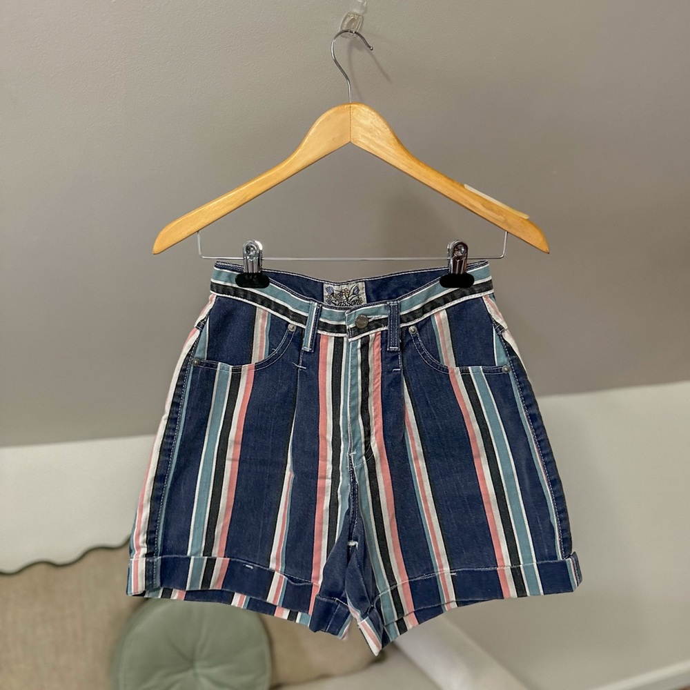 Vintage 80s 90s Sasson Denim Shorts | Striped Pink, White & Blue | High Waisted